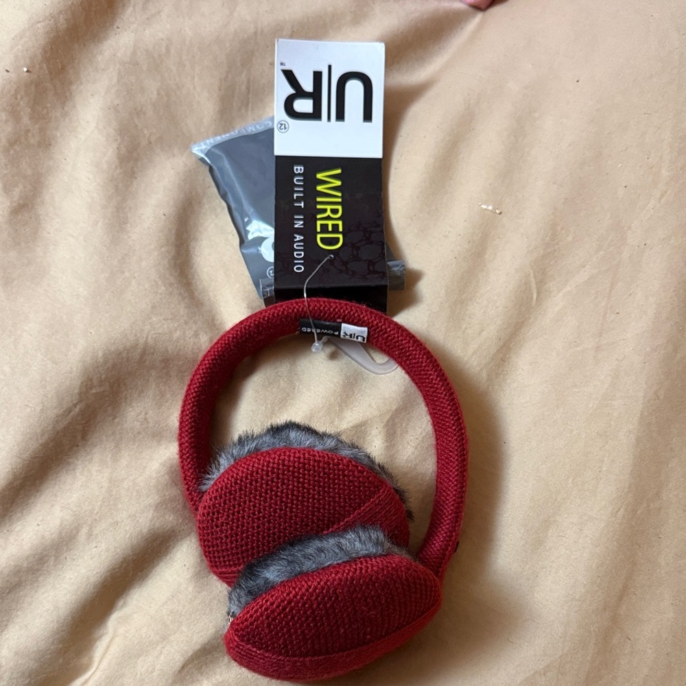 U|R Wired Red and Gray Faux Fur Headphones NWTO
